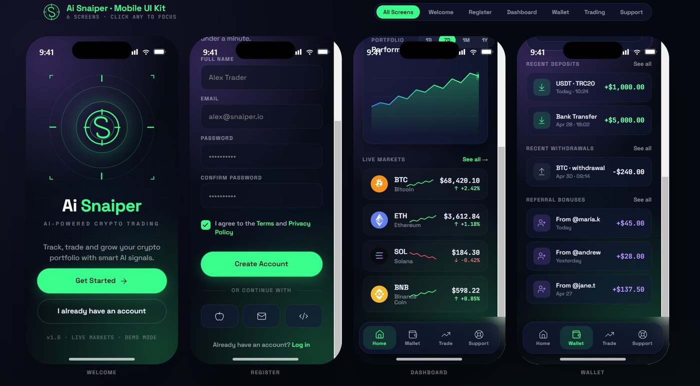 Ai Snaiper - welcome, register, dashboard and wallet screens